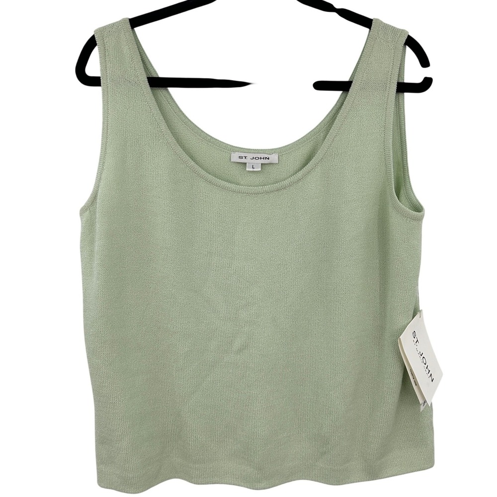 St. John Kiwi Green Wool Blend Santana Knit Tank Top Sz L Quiet Luxury Old Money